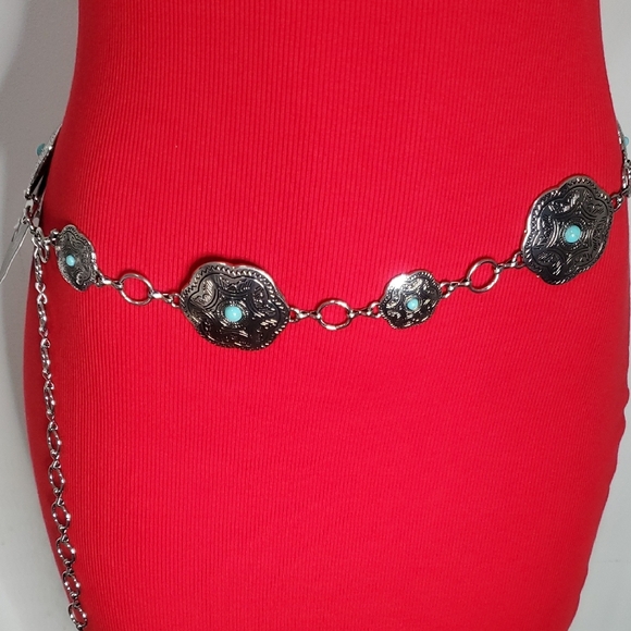 Silver and Turquoise Women's Chain Belt - Picture 1 of 4
